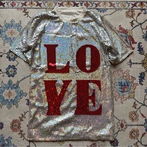 Love Silver Sequin Sparkle NYE Party Glam T-Shirt Mini Dress